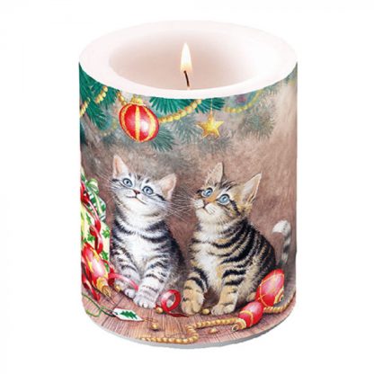 vela grande natal navidad gatos gatitos sobre la mesa