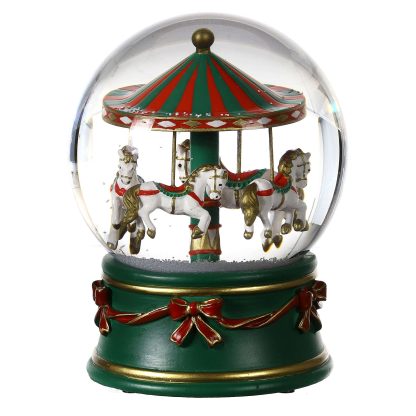 Glass snow globe carousel white horses musical 15x12 cm globo de neve bola de nieve navidad natal caixa de música