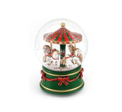 Glass snow globe carousel white horses musical 15x12 cm globo de neve bola de nieve navidad natal caixa de música