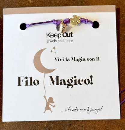 Pulsera Hilo Mágico Dedal con Colgante: Púrpura con Trébol